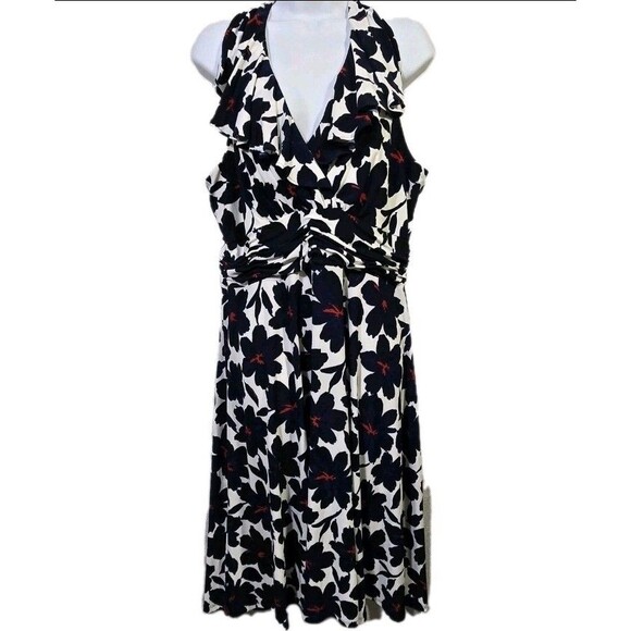 Evan Picone dress Floral Deep V sleevless Size 14 Blue White Red - Picture 1 of 13